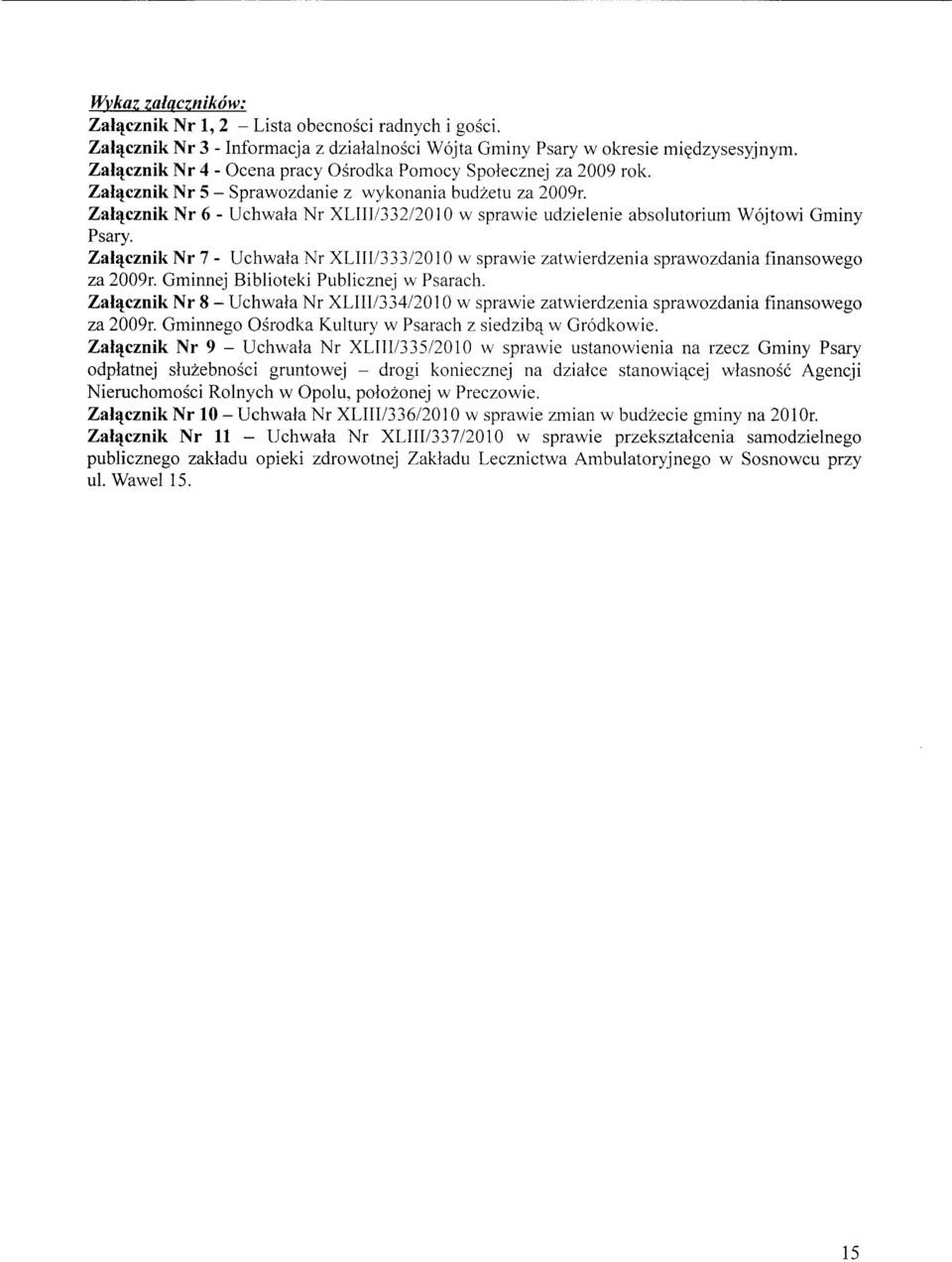 Zahjcznik Nr 6 - Uchwaia Nr XLII1/332/2010 w sprawie udzielenie absolutorium Wojtowi Gminy Psary. Zaljjcznik Nr 7 - Uchwaia Nr XLIII/333/2010 w sprawie zatwierdzenia sprawozdania finansowego za 2009r.
