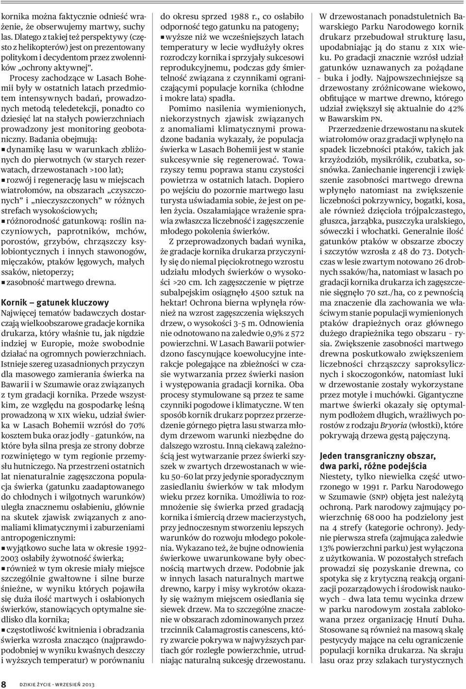 Procesy zachodzące w Lasach Bohemii były w ostatnich latach przedmiotem intensywnych badań, prowadzonych metodą teledetekcji, ponadto co dziesięć lat na stałych powierzchniach prowadzony jest