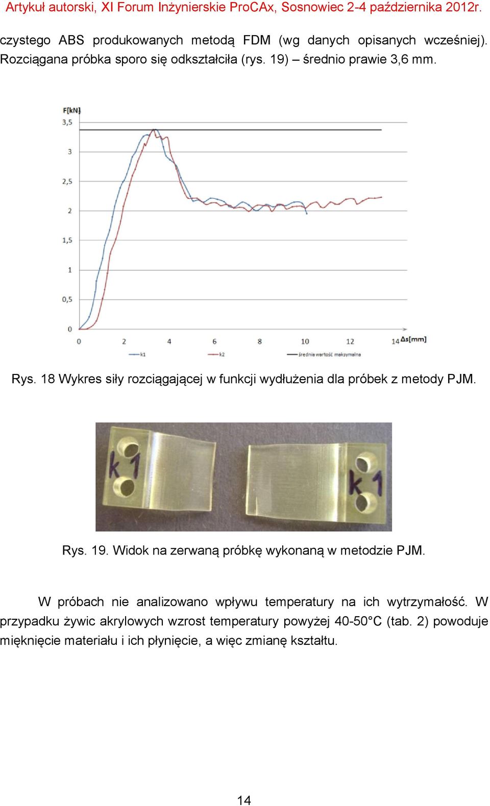 Widok na zerwaną próbkę wykonaną w metodzie PJM. W próbach nie analizowano wpływu temperatury na ich wytrzymałość.