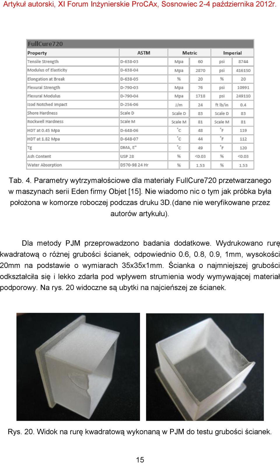 Dla metody PJM przeprowadzono badania dodatkowe. Wydrukowano rurę kwadratową o różnej grubości ścianek, odpowiednio 0.6, 0.8, 0.