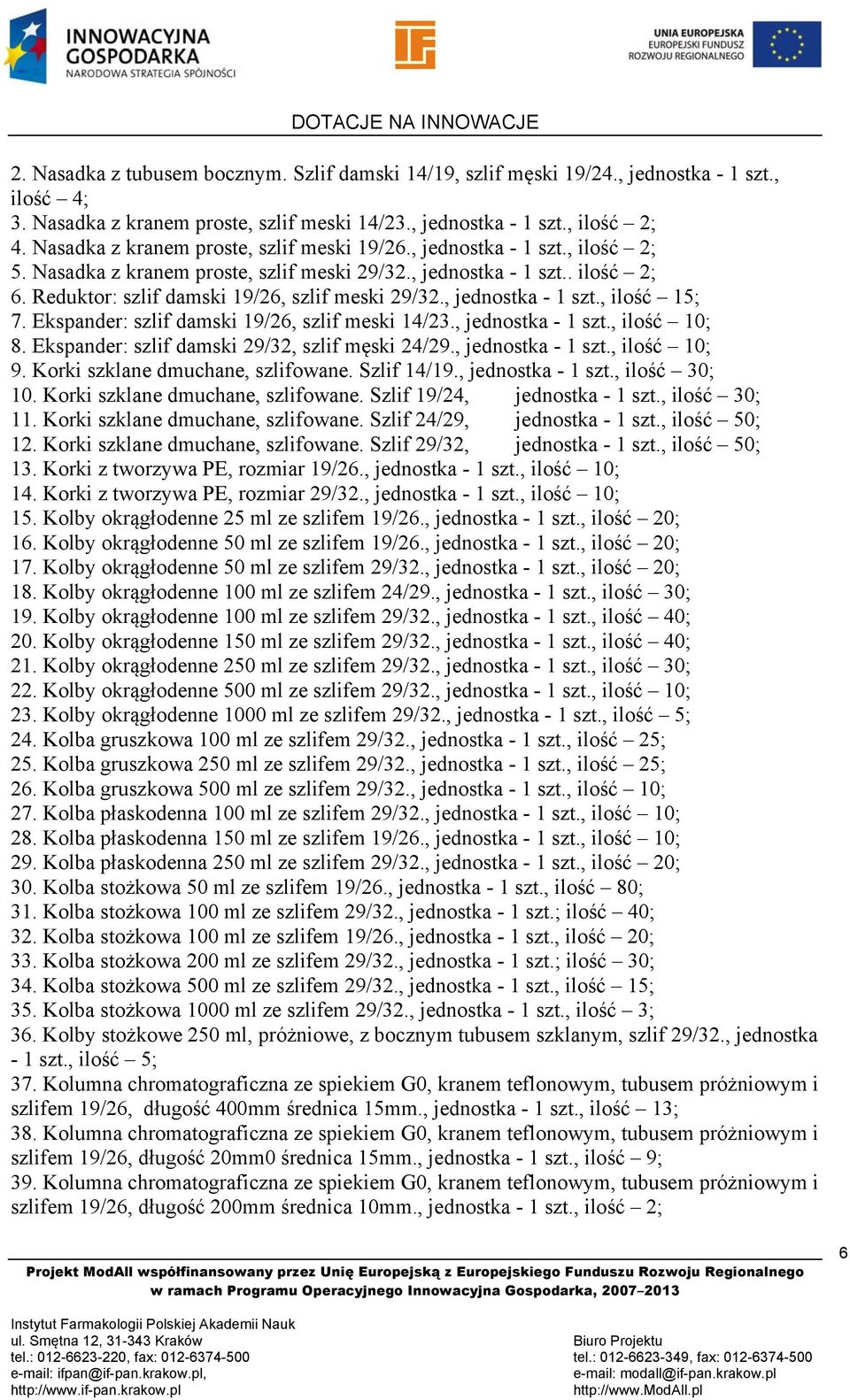 Reduktor: szlif damski 19/26, szlif meski 29/32., jednostka - 1 szt., ilość 15; 7. Ekspander: szlif damski 19/26, szlif meski 14/23., jednostka - 1 szt., ilość 10; 8.