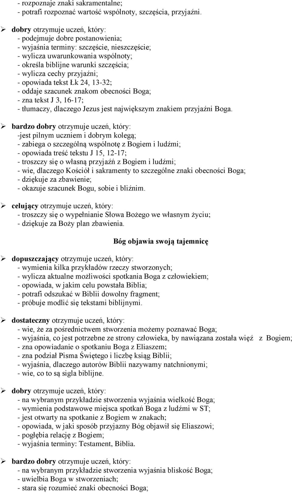 24, 13-32; - oddaje szacunek znakom obecności Boga; - zna tekst J 3, 16-17; - tłumaczy, dlaczego Jezus jest największym znakiem przyjaźni Boga.