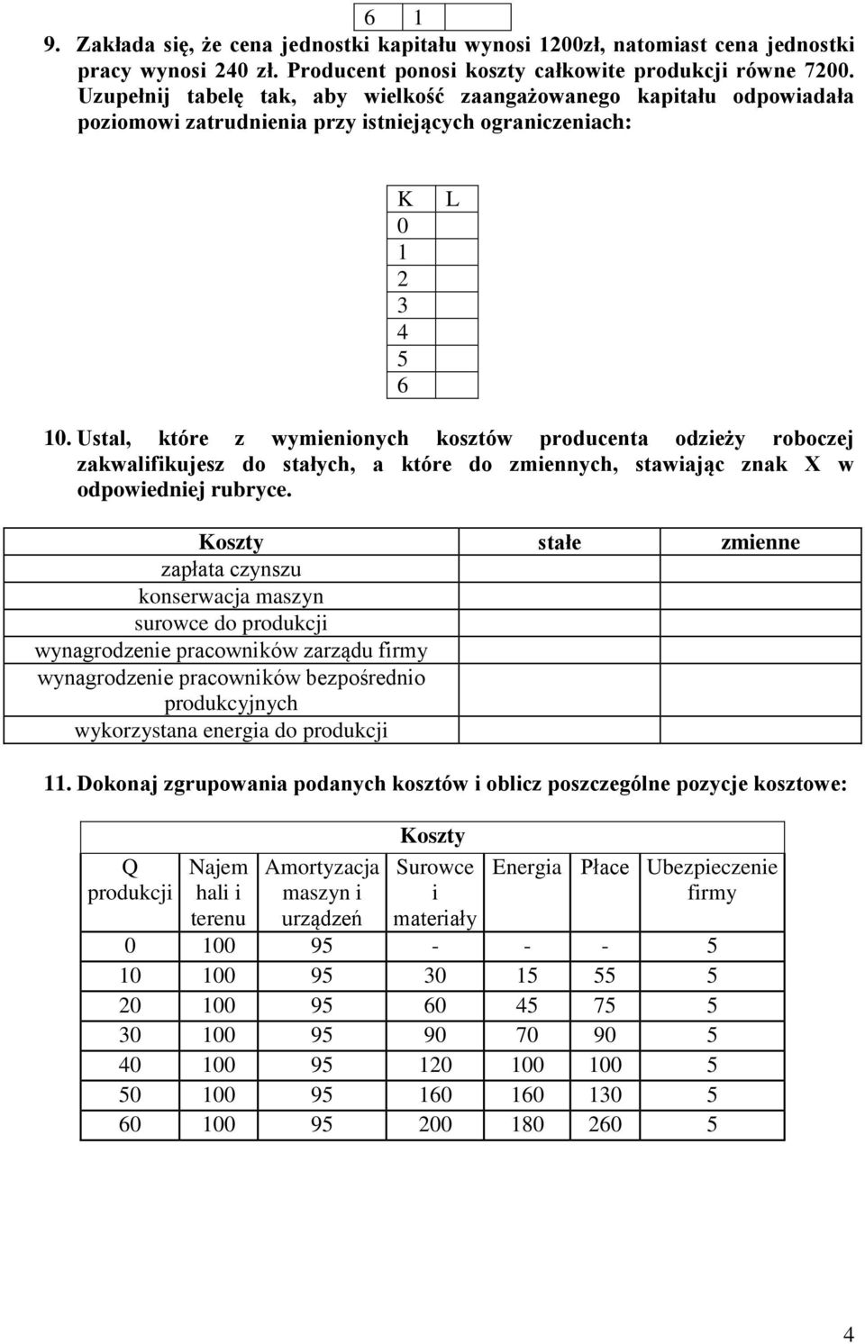 Ustal, które z wymienionych kosztów producenta odzieży roboczej zakwalifikujesz do stałych, a które do zmiennych, stawiając znak X w odpowiedniej rubryce.