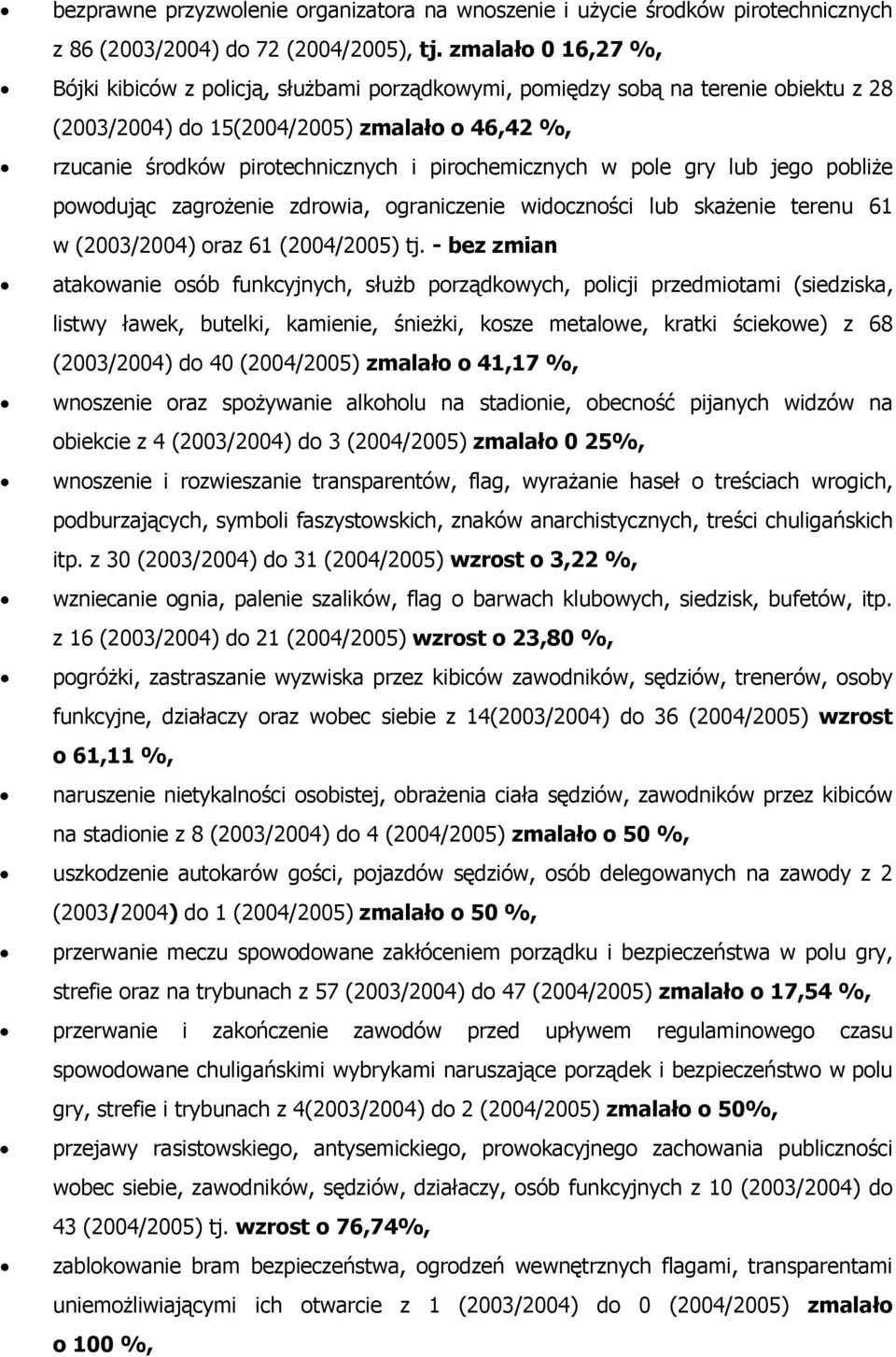 pirochemicznych w pole gry lub jego pobliże powodując zagrożenie zdrowia, ograniczenie widoczności lub skażenie terenu 6 w (2003/2004) oraz 6 (2004/2005) tj.