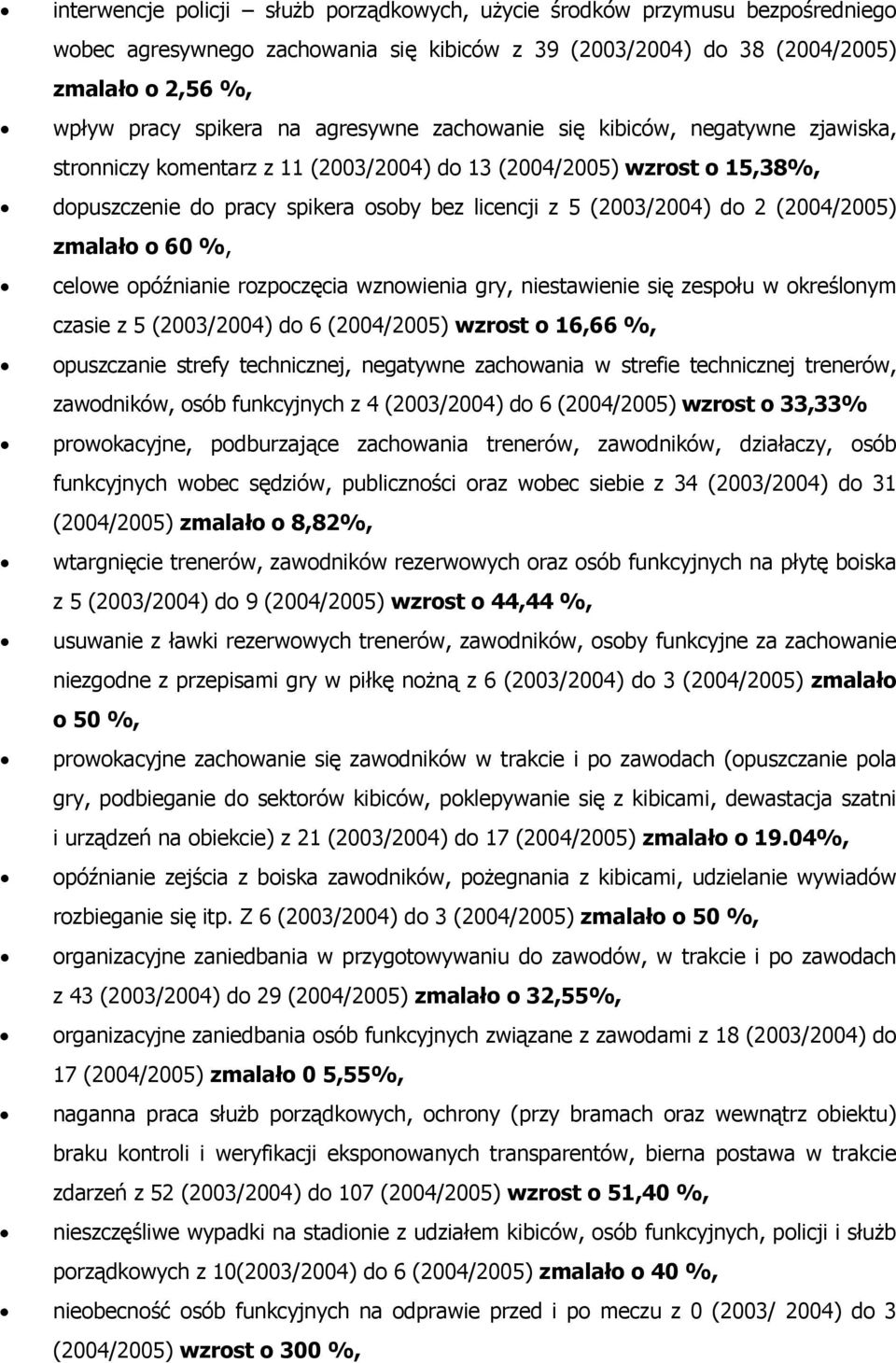 (2004/2005) zmalało o 60 %, celowe opóźnianie rozpoczęcia wznowienia gry, niestawienie się zespołu w określonym czasie z 5 (2003/2004) do 6 (2004/2005) wzrost o 6,66 %, opuszczanie strefy