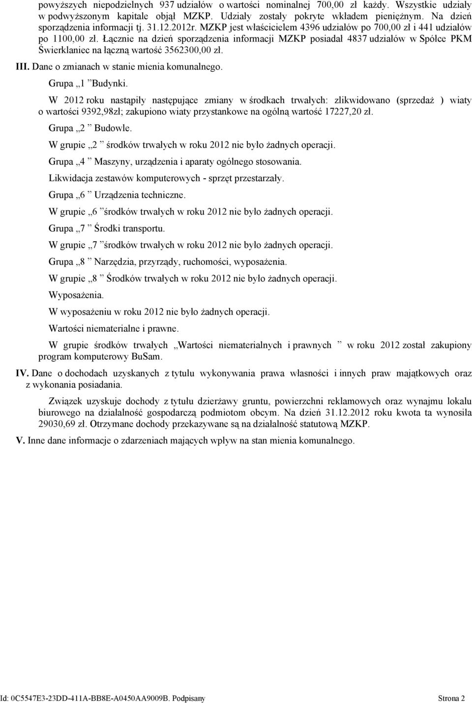 Łącznie na dzień sporządzenia informacji MZKP posiadał 4837 udziałów w Spółce PKM Świerklaniec na łączną wartość 3562300,00 zł. III. Dane o zmianach w stanie mienia komunalnego. Grupa 1 Budynki.