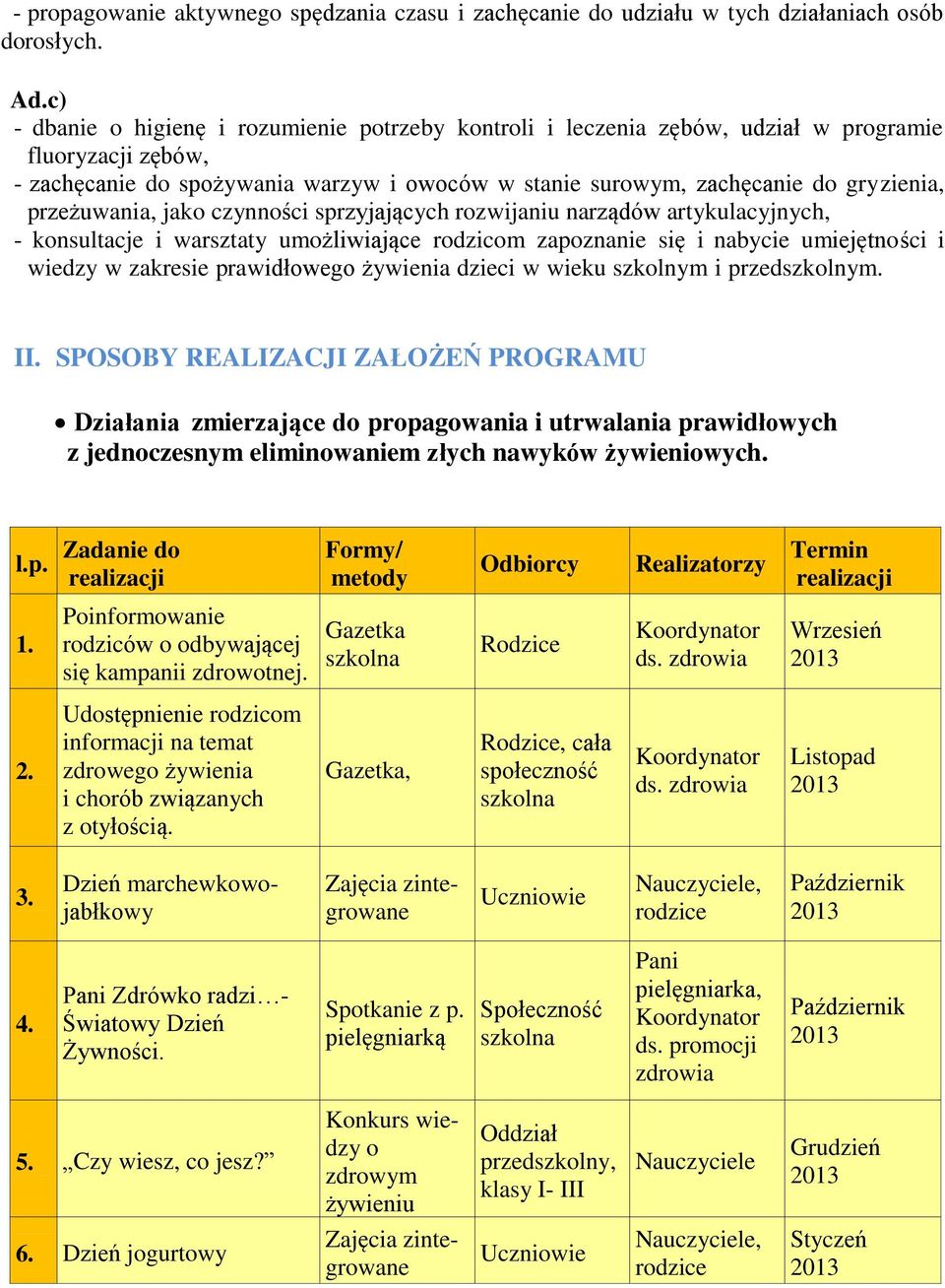 przeżuwania, jako czynności sprzyjających rozwijaniu narządów artykulacyjnych, - konsultacje i warsztaty umożliwiające rodzicom zapoznanie się i nabycie umiejętności i wiedzy w zakresie prawidłowego