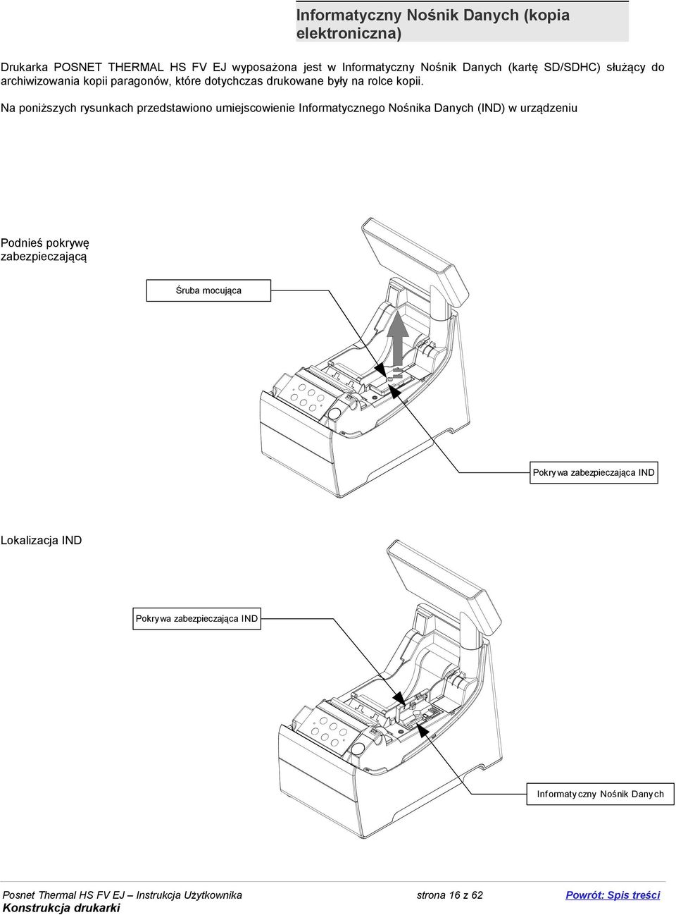 Na poniższych rysunkach przedstawiono umiejscowienie Informatycznego Nośnika Danych (IND) w urządzeniu Podnieś pokrywę zabezpieczającą Śruba