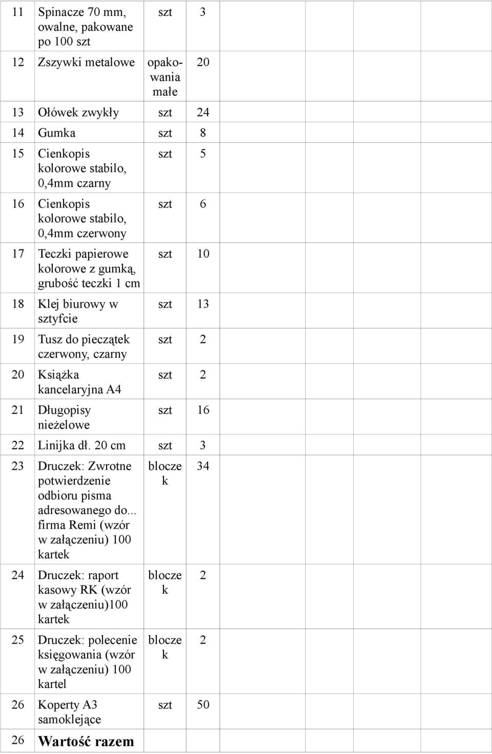 nieżelowe szt 5 szt 6 szt 10 szt 13 szt 2 szt 2 szt 16 22 Linijka dł. 20 cm szt 3 23 Druczek: Zwrotne potwierdzenie odbioru pisma adresowanego do.