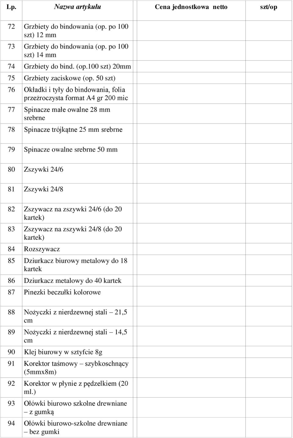 24/6 81 Zszywki 24/8 82 Zszywacz na zszywki 24/6 (do 20 kartek) 83 Zszywacz na zszywki 24/8 (do 20 kartek) 84 Rozszywacz 85 Dziurkacz biurowy metalowy do 18 kartek 86 Dziurkacz metalowy do 40 kartek