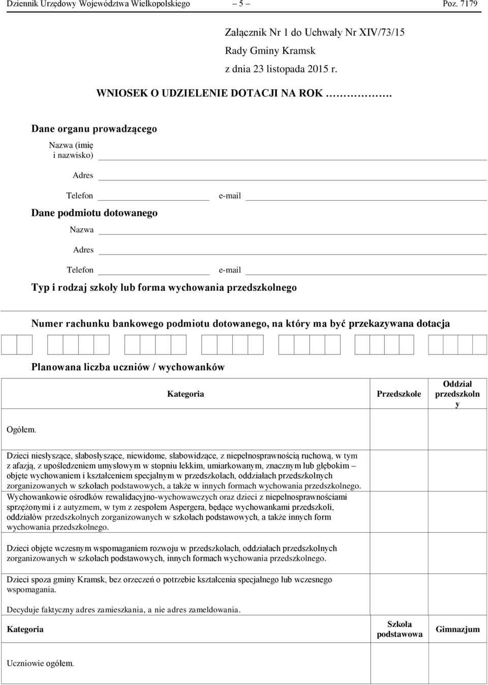 bankowego podmiotu dotowanego, na który ma być przekazywana dotacja Planowana liczba uczniów / wychowanków Kategoria Przedszkole Oddział przedszkoln y Ogółem.