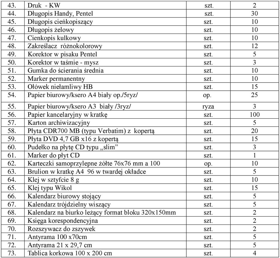Papier biurowy/ksero A4 biały op./5ryz/ op. 25 55. Papier biurowy/ksero A3 biały /3ryz/ ryza 3 56. Papier kancelaryjny w kratkę szt. 100 57. Karton archiwizacyjny szt. 5 58.