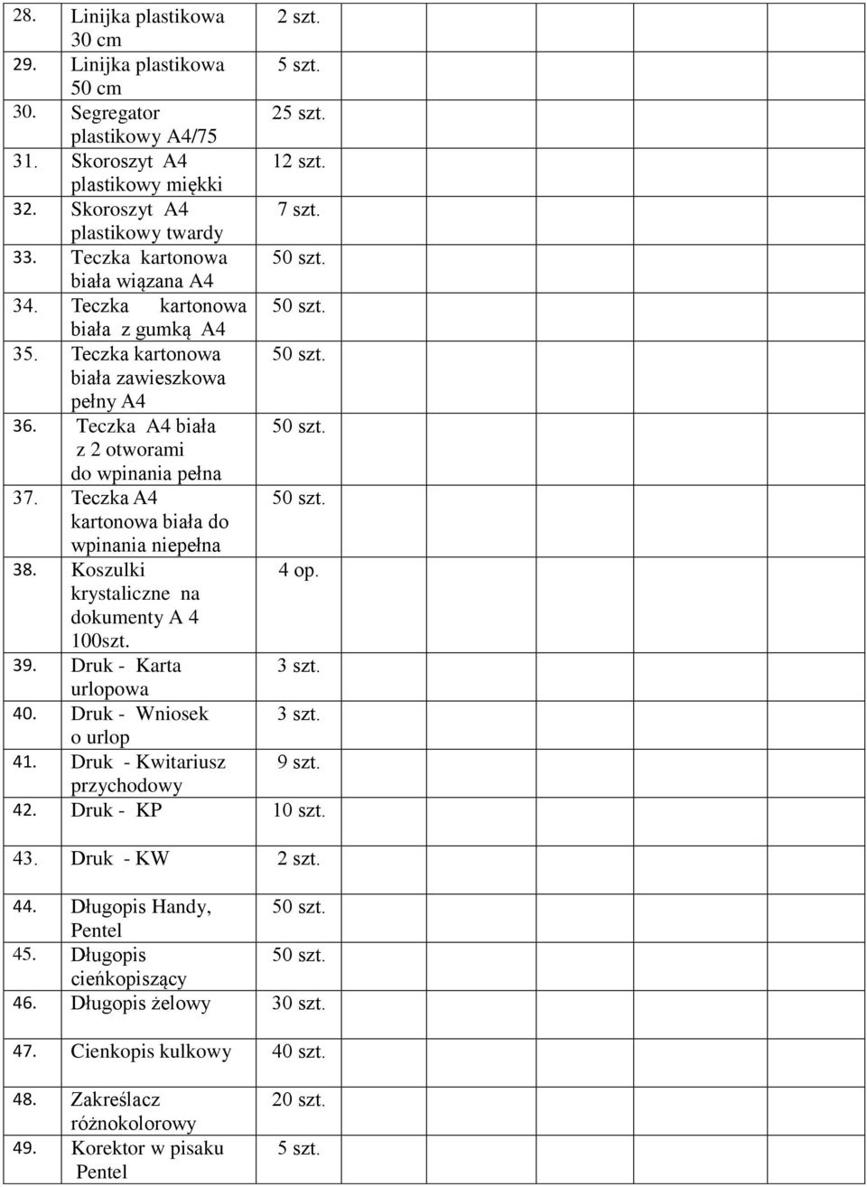 z 2 otworami do wpinania pełna 37. Teczka A4 50 szt. kartonowa biała do wpinania niepełna 38. Koszulki 4 op. krystaliczne na dokumenty A 4 100szt. 39. Druk - Karta 3 szt. urlopowa 40.