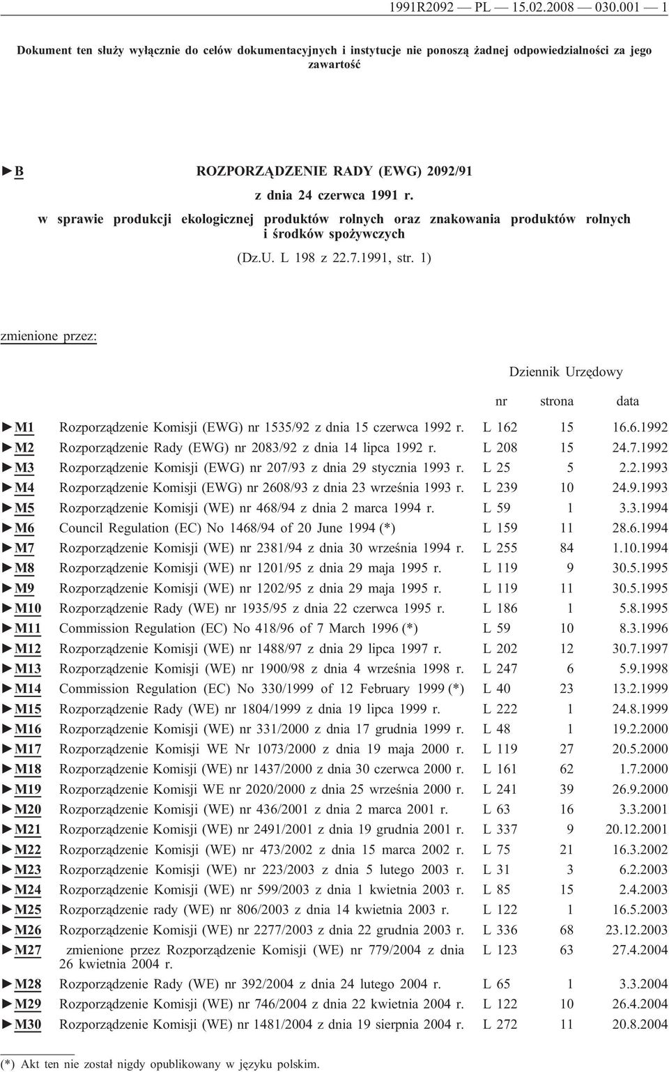 w sprawie produkcji ekologicznej produktów rolnych oraz znakowania produktów rolnych i środków spożywczych (Dz.U. L 198 z 22.7.1991, str.