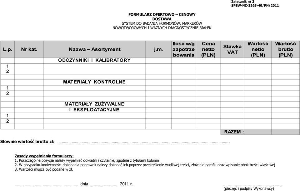 brutto zł:. RAZEM : Zasady wypełniania formularzy:. Poszczególne pozycje należy wypełniać dokładni i czytelnie, zgodnie z tytułami kolumn.