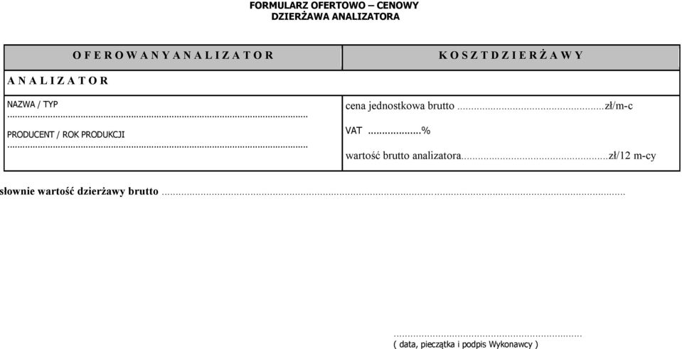 .. PRODUCENT / ROK PRODUKCJI... cena jednostkowa brutto...zł/m-c VAT.