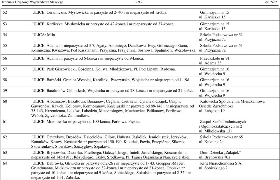 Przyjazna 7a 55 ULICE: Adama nr nieparzyste od 3-7, Agaty, Antoniego, Działkowa, Ewy, Górniczego Stanu, Kosmiczna, Kwiatowa, Pod Kasztanami, Przyjazna, Przyjemna, Sosnowa, Sputników, Wesołowska.