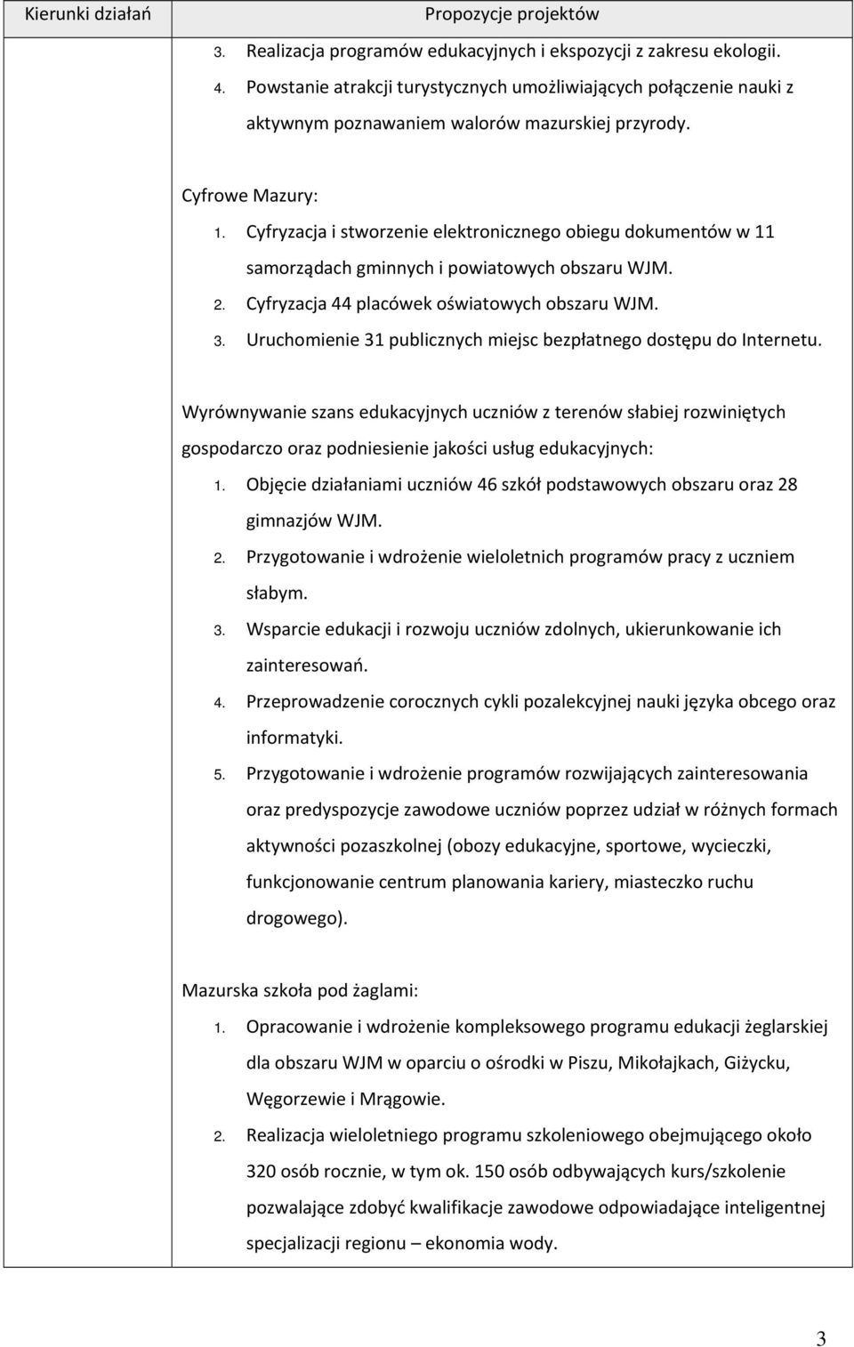 Cyfryzacja i stworzenie elektronicznego obiegu dokumentów w 11 samorządach gminnych i powiatowych obszaru WJM. 2. Cyfryzacja 44 placówek oświatowych obszaru WJM. 3.