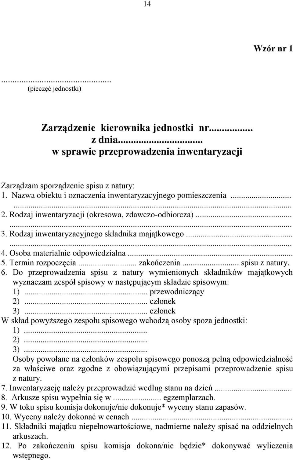 Osoba materialnie odpowiedzialna... 5. Termin rozpoczęcia... zakończenia... spisu z natury. 6.