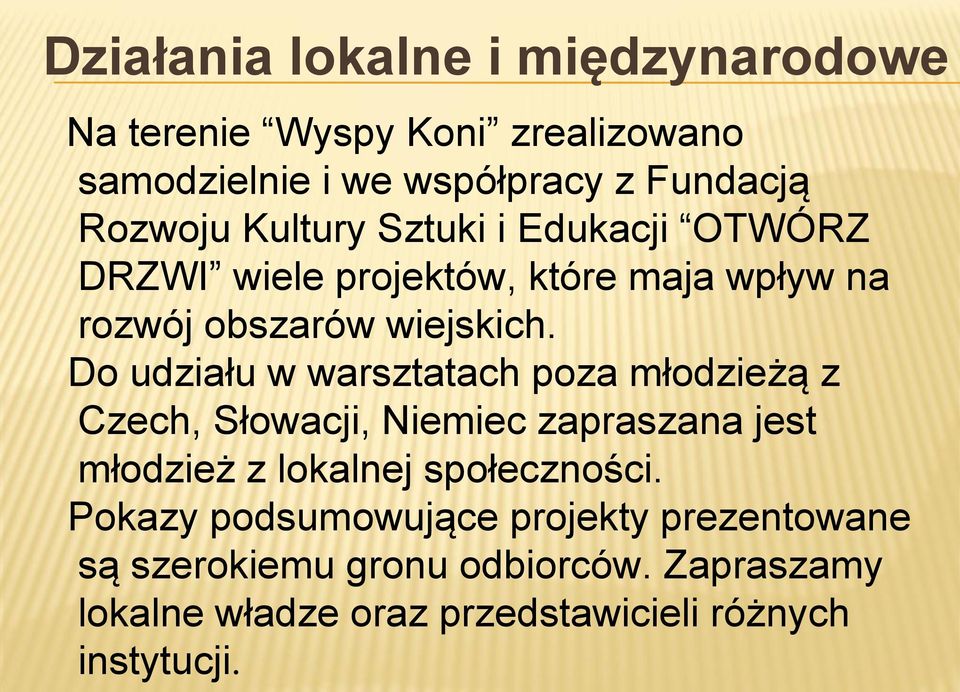 Do udziału w warsztatach poza młodzieżą z Czech, Słowacji, Niemiec zapraszana jest młodzież z lokalnej społeczności.