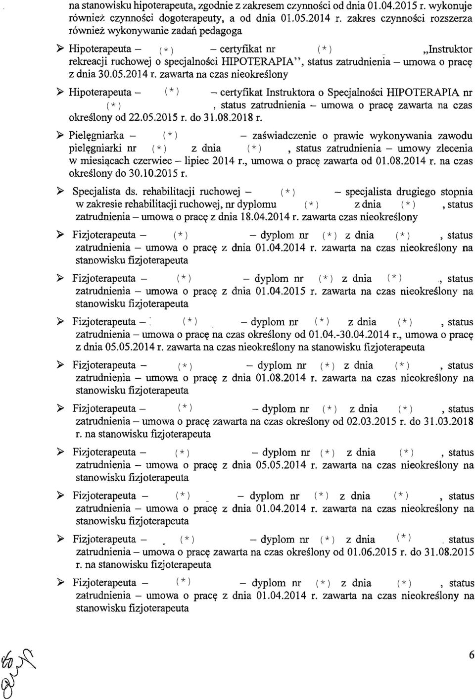 dnia 30.05.2014 r. zawarta na czas nieokreślony > Hipoterapeuta - (*) (*) - certyfikat Instruktora o Specjalności HIPOTERAPIA nr, status zatrudnienia - umowa o pracę zawarta na czas określony od 22.