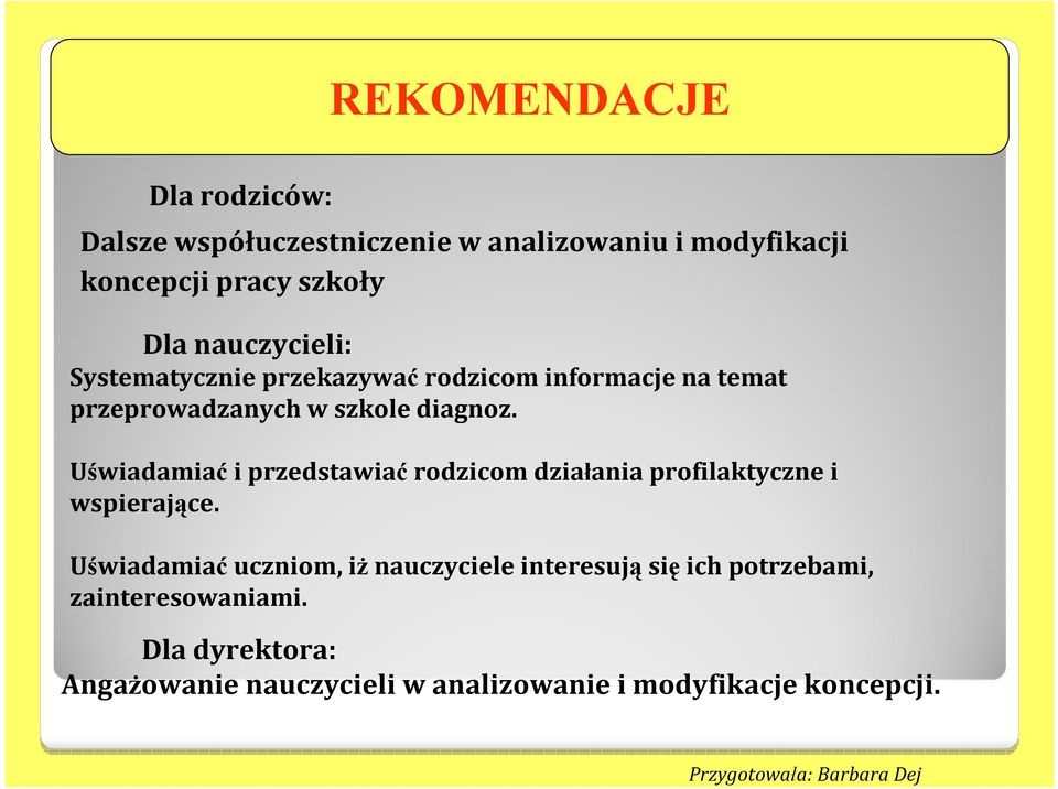 Uświadamiać i przedstawiać rodzicom działania profilaktyczne i wspierające.