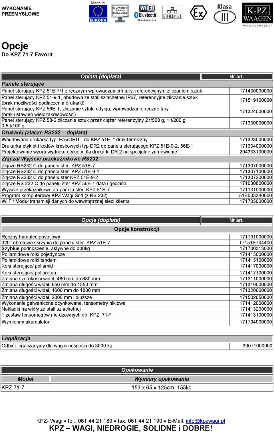 zliczanie sztuk (brak możliwości podłączenia drukarki) 171519100000 Panel sterujący KPZ 56E-1, zliczanie sztuk, edycja, wprowadzanie ręczne tary (brak ustawień wielozakresowości) 171324000000 Panel