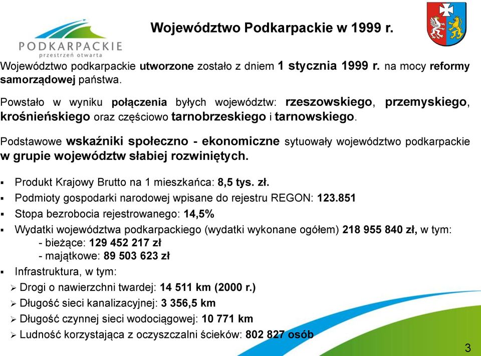 Podstawowe wskaźniki społeczno - ekonomiczne sytuowały województwo podkarpackie w grupie województw słabiej rozwiniętych. Produkt Krajowy Brutto na 1 mieszkańca: 8,5 tys. zł.