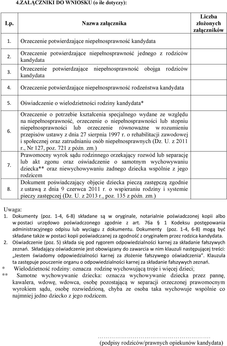 Orzeczenie potwierdzające niepełnosprawność rodzeństwa kandydata 5. Oświadczenie o wielodzietności rodziny kandydata* 6. 7. 8.