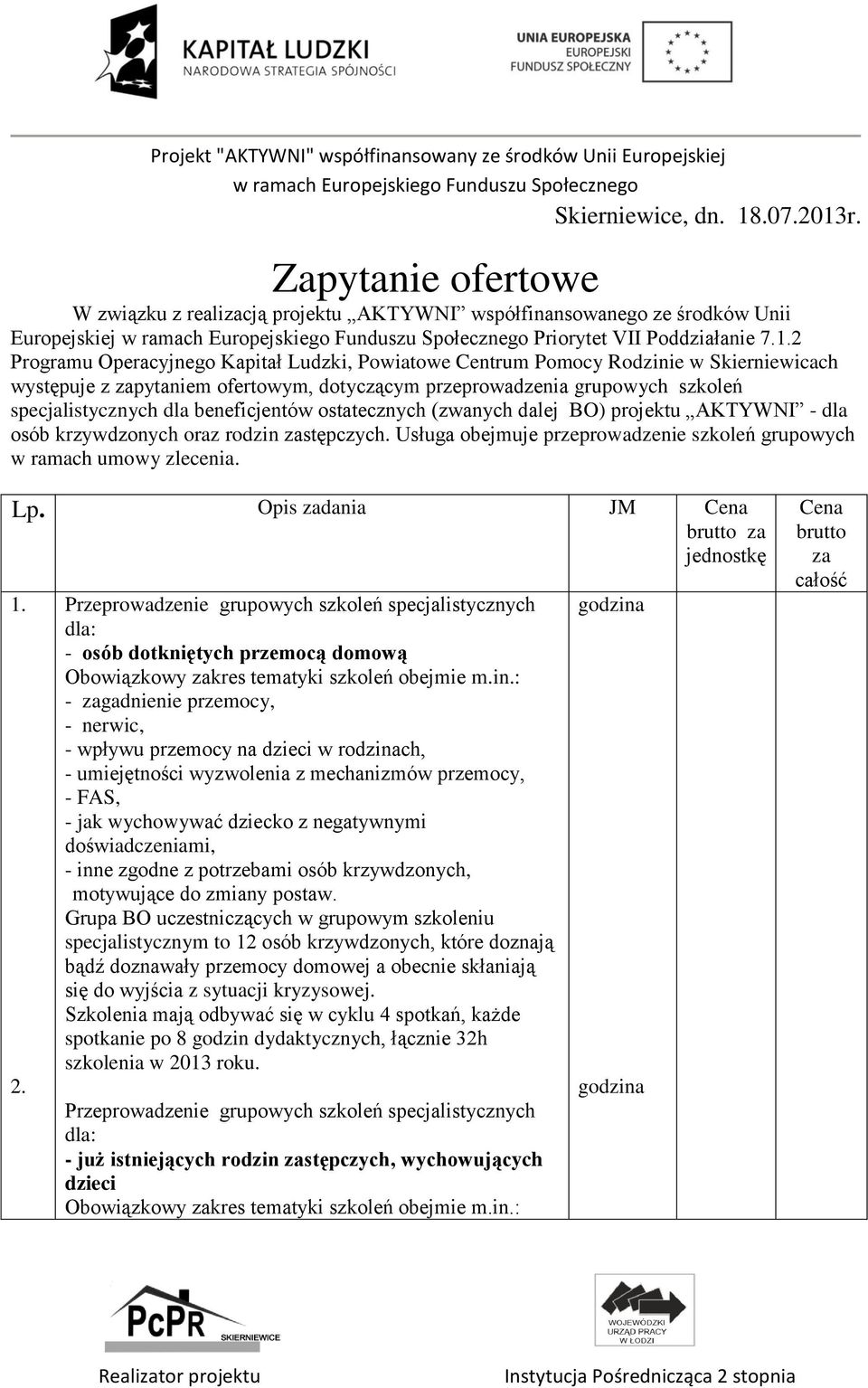 r. Zapytanie ofertowe W związku z realizacją projektu AKTYWNI współfinansowanego ze środków Unii Europejskiej Priorytet VII Poddziałanie 7.1.