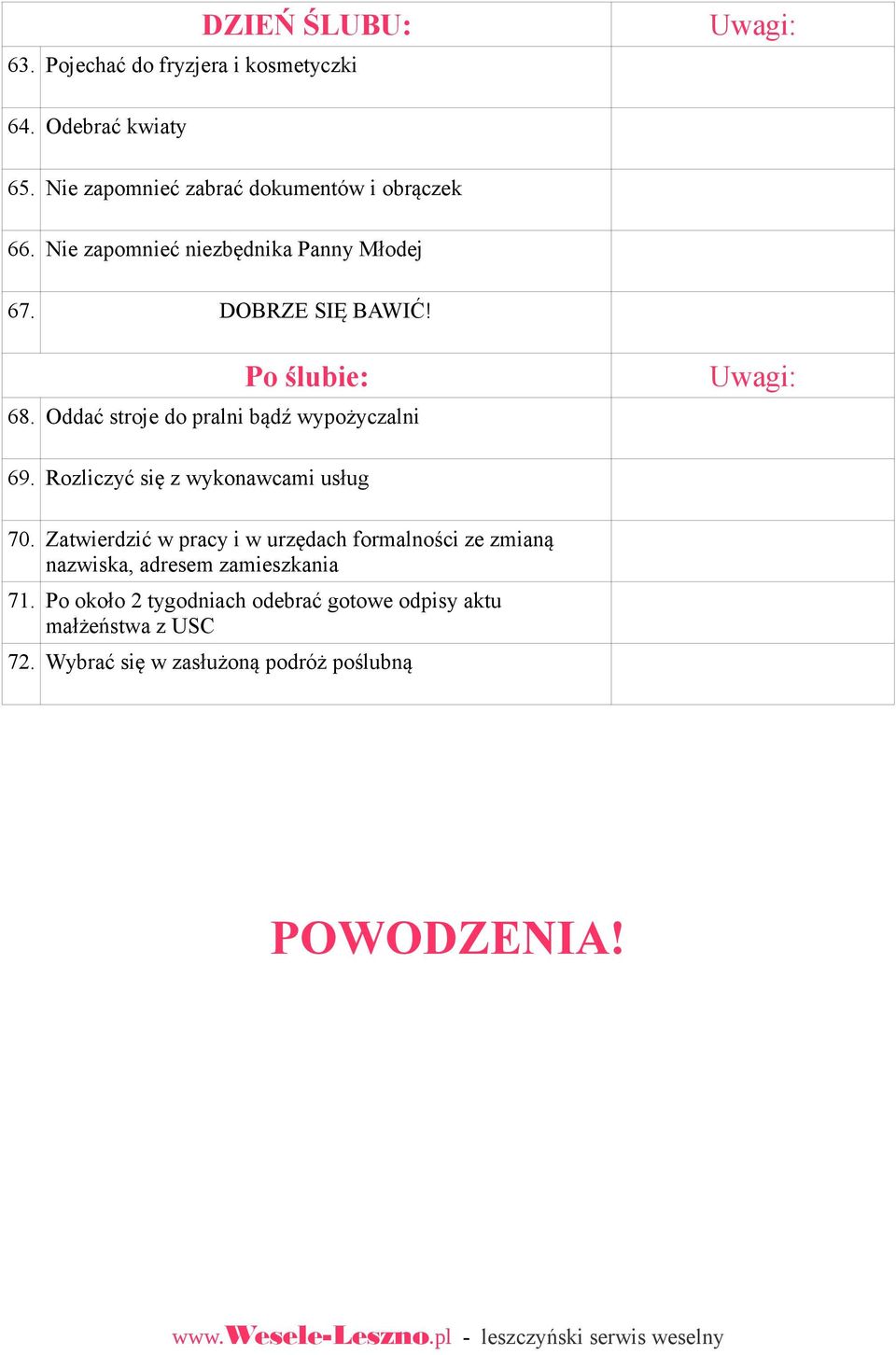 Oddać stroje do pralni bądź wypożyczalni Uwagi: 69. Rozliczyć się z wykonawcami usług 70.