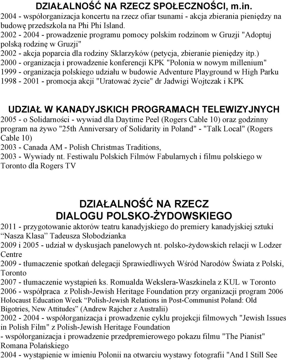 ) 2000 - organizacja i prowadzenie konferencji KPK "Polonia w nowym millenium" 1999 - organizacja polskiego udziału w budowie Adventure Playground w High Parku 1998-2001 - promocja akcji "Uratować