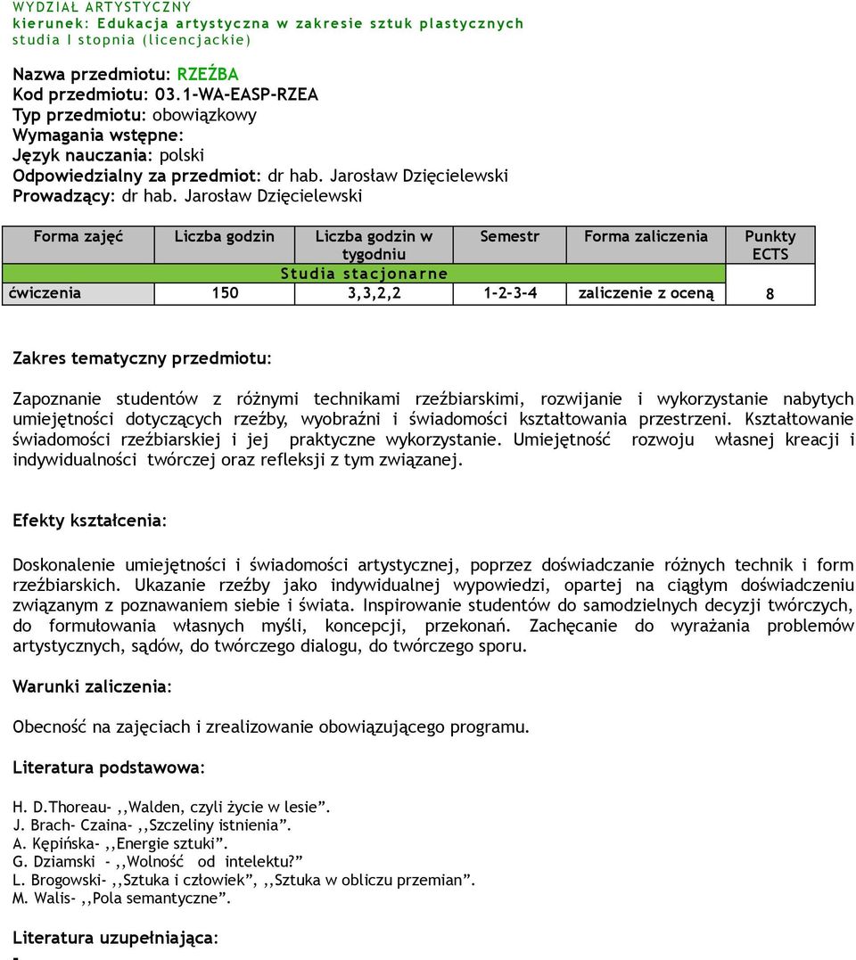 Jarosław Dzięcielewski ćwiczenia 150 3,3,2,2 1-2-3-4 zaliczenie z oceną 8 Zapoznanie studentów z różnymi technikami rzeźbiarskimi, rozwijanie i wykorzystanie nabytych umiejętności dotyczących rzeźby,