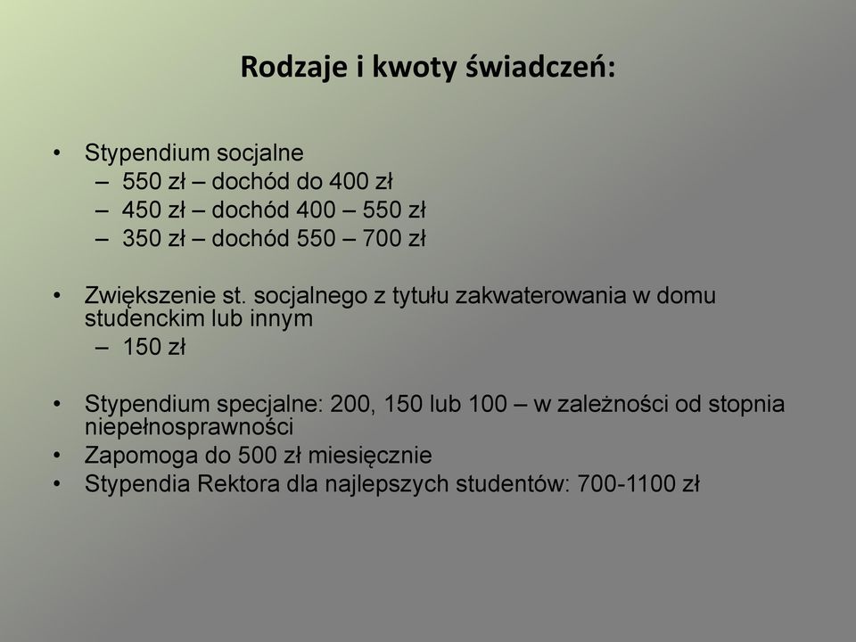 socjalnego z tytułu zakwaterowania w domu studenckim lub innym 150 zł Stypendium specjalne: