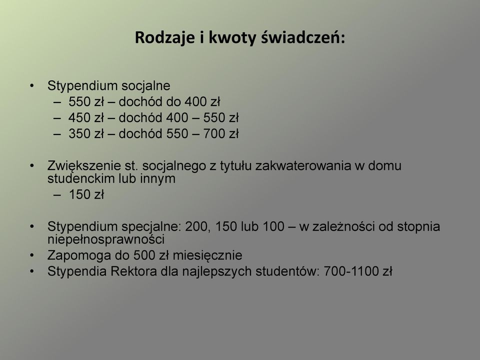 socjalnego z tytułu zakwaterowania w domu studenckim lub innym 150 zł Stypendium specjalne: