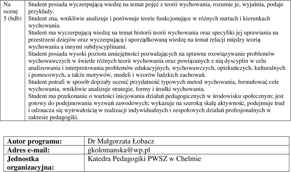 przestrzeni dziejów oraz wyczerpującą i uporządkowaną wiedzę na temat relacji między teorią wychowania a innymi subdyscyplinami.