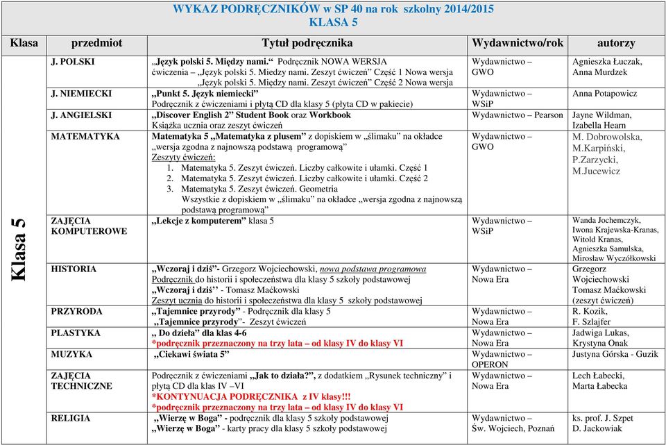 ANGIELSKI Discover English 2 Student Book oraz Workbook Książka ucznia oraz zeszyt ćwiczeń MATEMATYKA Matematyka 5 Matematyka z plusem z dopiskiem w ślimaku na okładce wersja zgodna z najnowszą