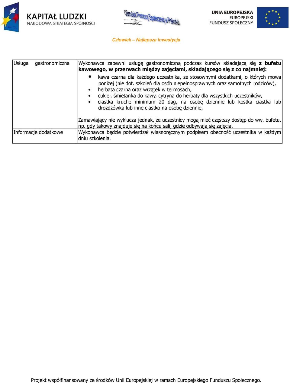 szkoleń dla osób niepełnosprawnych oraz samotnych rodziców), herbata czarna oraz wrzątek w termosach, cukier, śmietanka do kawy, cytryna do herbaty dla wszystkich uczestników, ciastka kruche minimum