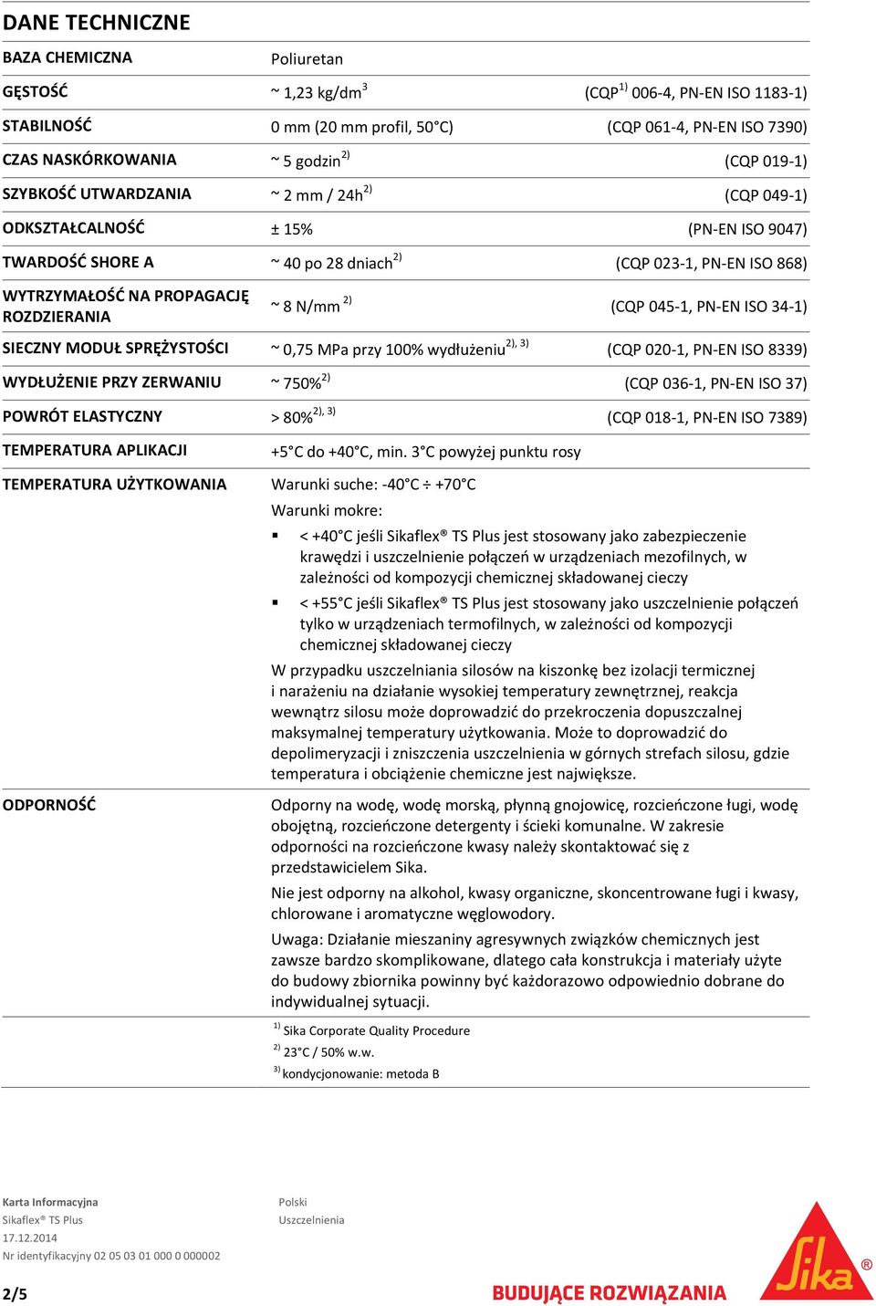 ROZDZIERANIA ~ 8 N/mm 2) (CQP 045 1, PN EN ISO 34 1) SIECZNY MODUŁ SPRĘŻYSTOŚCI ~ 0,75 MPa przy 100% wydłużeniu 2), 3) (CQP 020 1, PN EN ISO 8339) WYDŁUŻENIE PRZY ZERWANIU ~ 750% 2) (CQP 036 1, PN EN