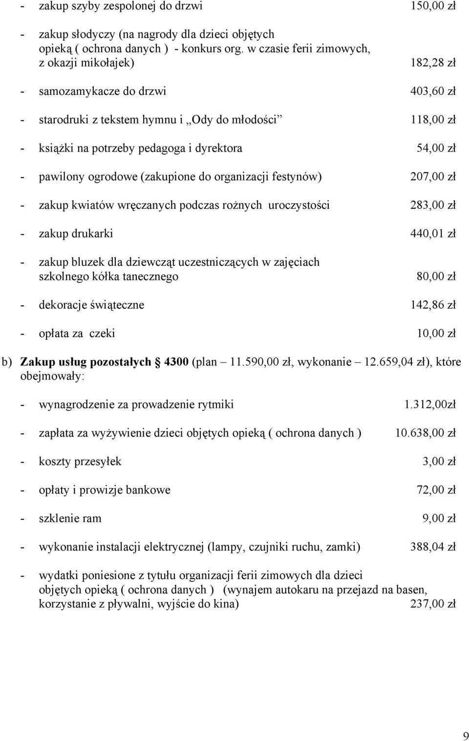 - pawilony ogrodowe (zakupione do organizacji festynów) 207,00 zł - zakup kwiatów wręczanych podczas rożnych uroczystości 283,00 zł - zakup drukarki 440,01 zł - zakup bluzek dla dziewcząt