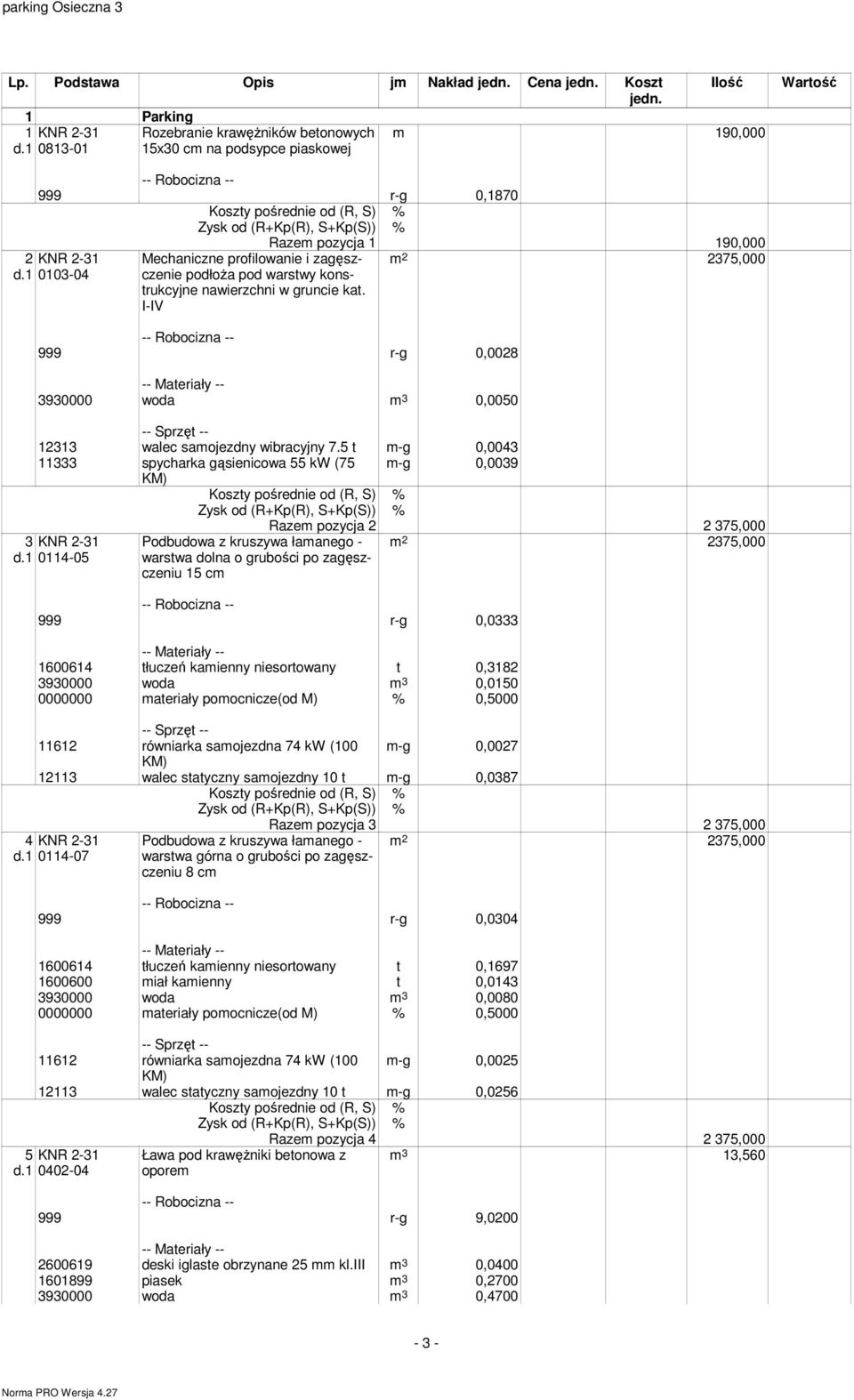 I-IV Razem pozycja 1 19, m 2 2375, 999 r-g,28 393 woda m 3,5 12313 walec samojezdny wibracyjny 7.5 t m-g,43 11333 spycharka gąsienicowa 55 kw (75 m-g,39 KM) Razem pozycja 2 2 375, 3 KNR 2-31 d.