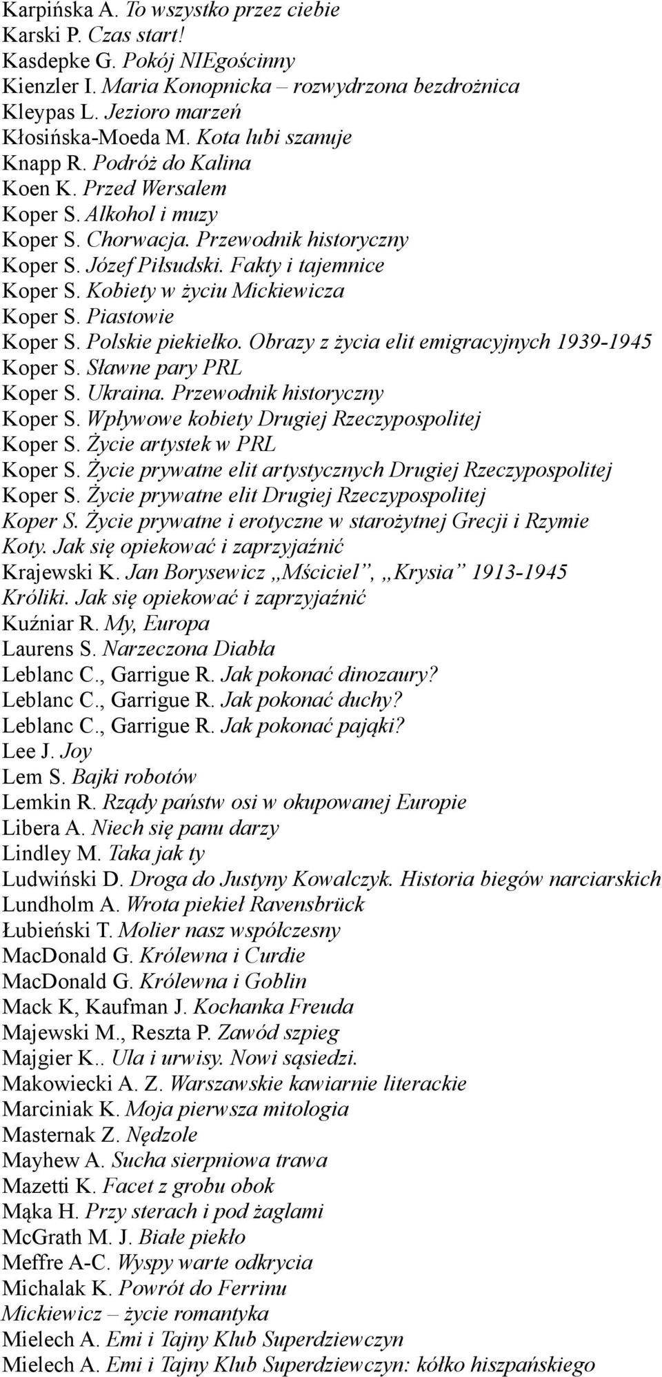 Kobiety w życiu Mickiewicza Koper S. Piastowie Koper S. Polskie piekiełko. Obrazy z życia elit emigracyjnych 1939-1945 Koper S. Sławne pary PRL Koper S. Ukraina. Przewodnik historyczny Koper S.