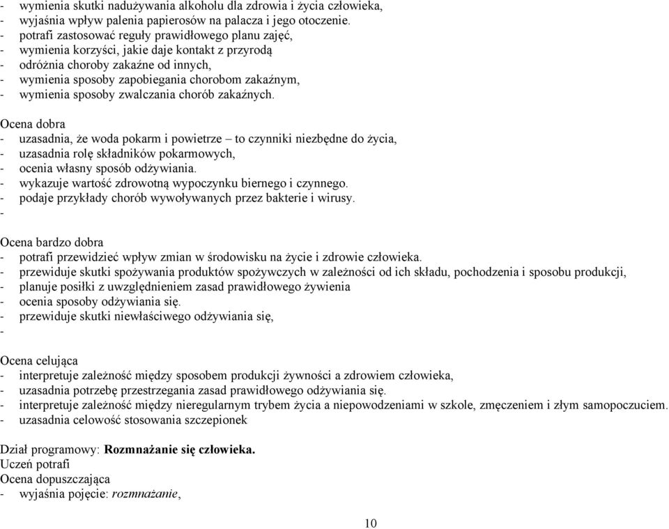 sposoby zwalczania chorób zakaźnych. uzasadnia, że woda pokarm i powietrze to czynniki niezbędne do życia, uzasadnia rolę składników pokarmowych, ocenia własny sposób odżywiania.