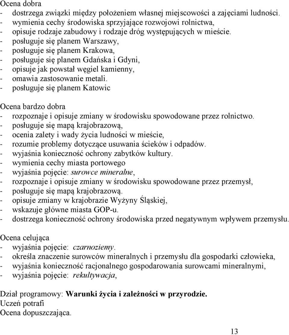 posługuje się planem Warszawy, posługuje się planem Krakowa, posługuje się planem Gdańska i Gdyni, opisuje jak powstał węgiel kamienny, omawia zastosowanie metali.