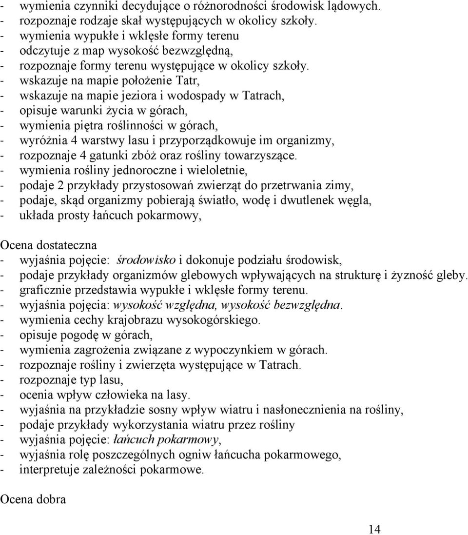 wskazuje na mapie położenie Tatr, wskazuje na mapie jeziora i wodospady w Tatrach, opisuje warunki życia w górach, wymienia piętra roślinności w górach, wyróżnia 4 warstwy lasu i przyporządkowuje im