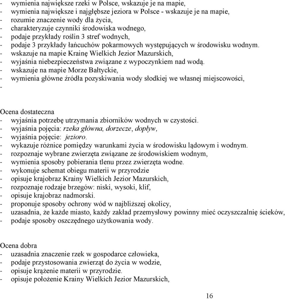 wskazuje na mapie Krainę Wielkich Jezior Mazurskich, wyjaśnia niebezpieczeństwa związane z wypoczynkiem nad wodą.