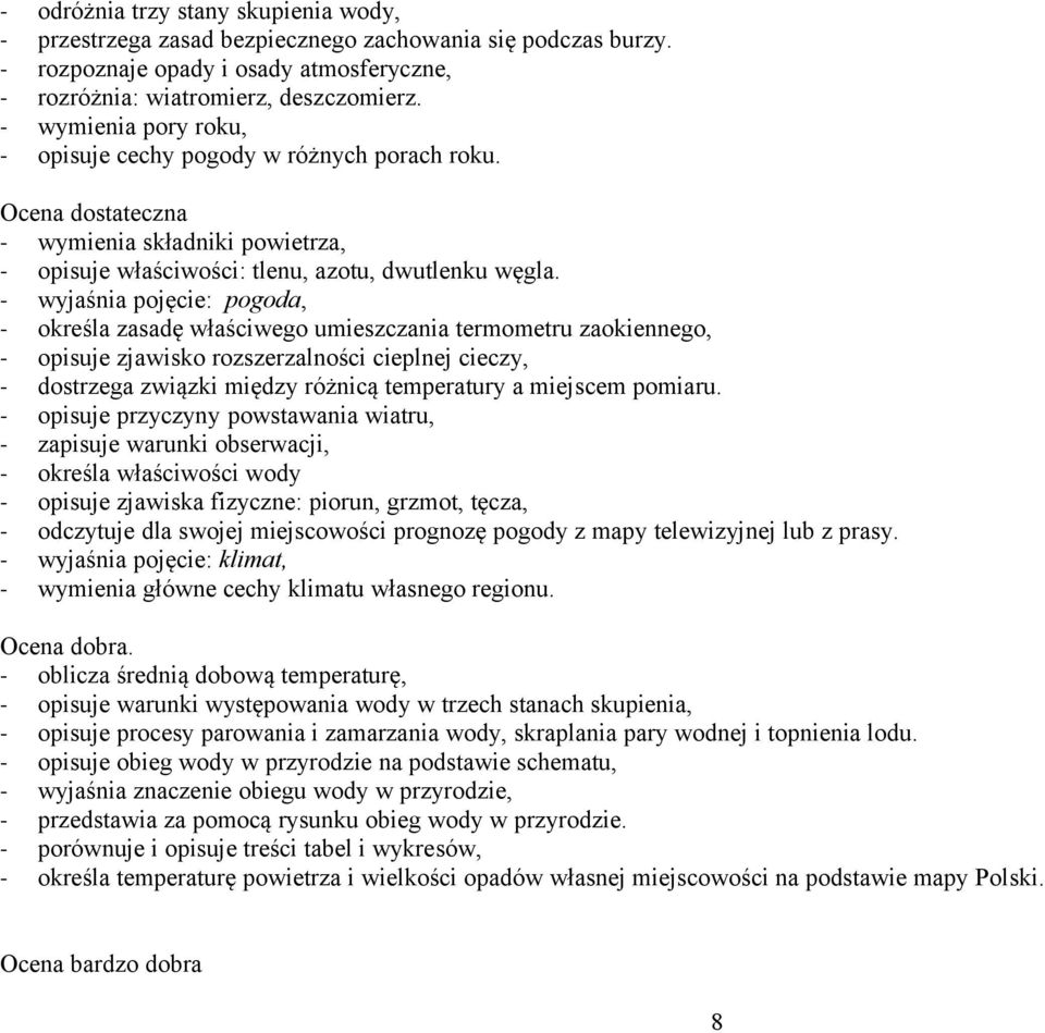 wyjaśnia pojęcie: pogoda, określa zasadę właściwego umieszczania termometru zaokiennego, opisuje zjawisko rozszerzalności cieplnej cieczy, dostrzega związki między różnicą temperatury a miejscem