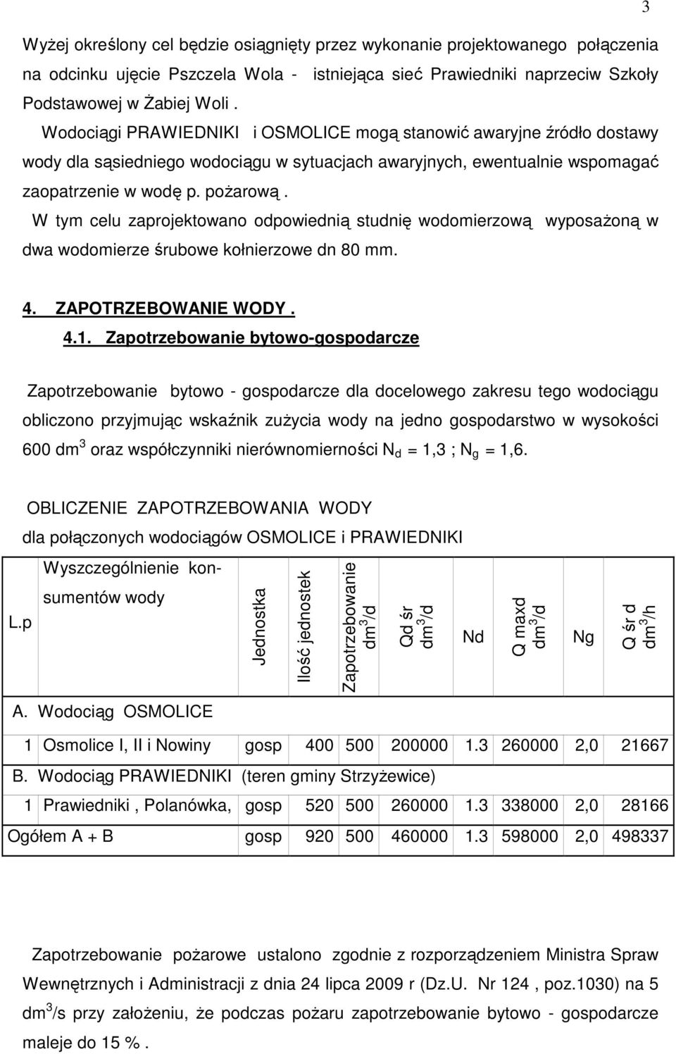 W tym celu zaprojektowano odpowiednią studnię wodomierzową wyposaŝoną w dwa wodomierze śrubowe kołnierzowe dn 80 mm. 4. ZAPOTRZEBOWANIE WODY. 4.1.