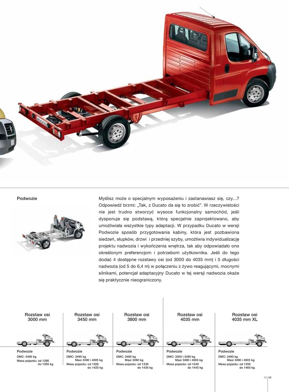 W przypadku Ducato w wersji Podwozie sposób przygotowania kabiny, która jest pozbawiona siedzeń, słupków, drzwi i przedniej szyby, umożliwia indywidualizację projektu nadwozia i wykończenia wnętrza,