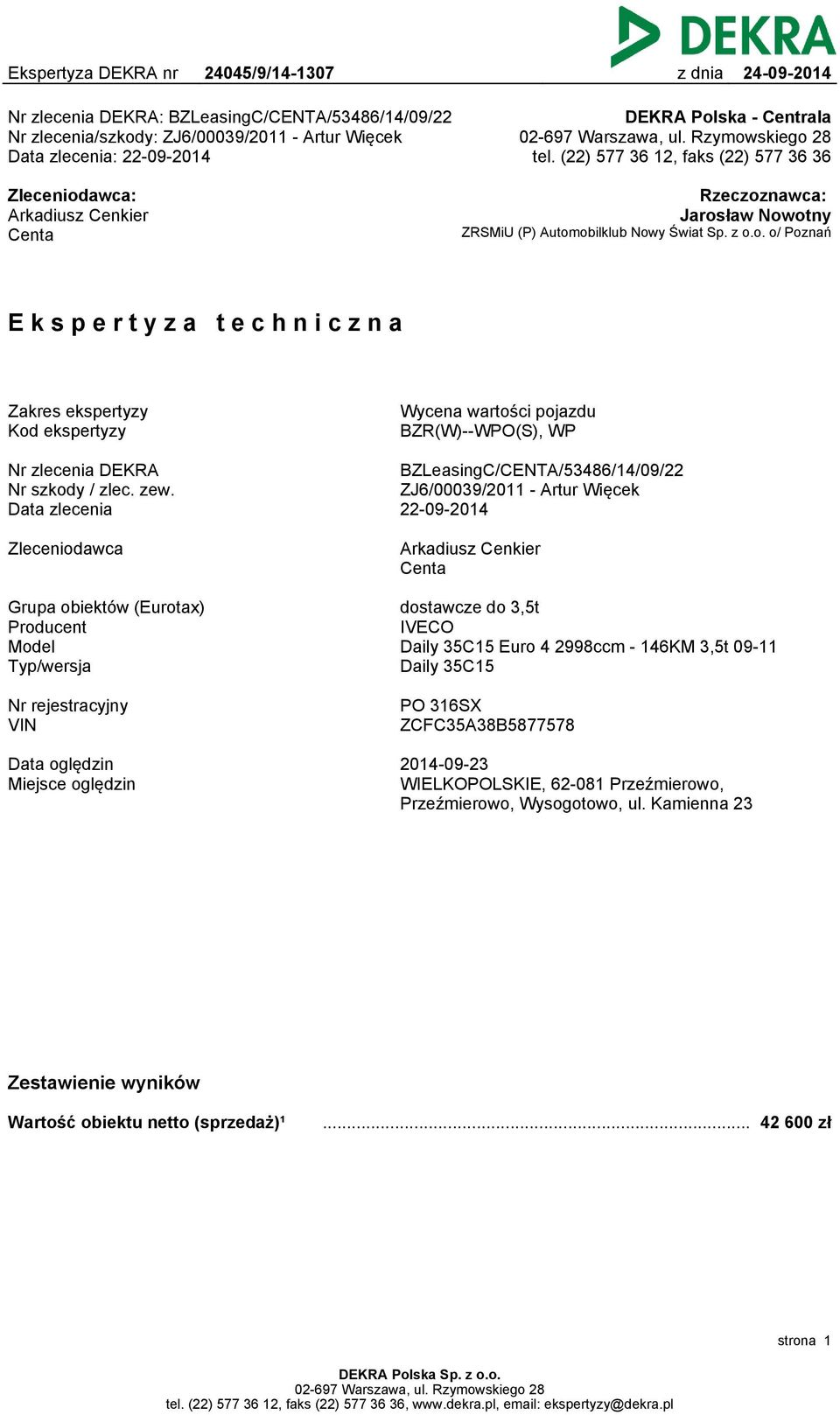 zew. Data zlecenia BZLeasingC/CENTA/53486/14/09/22 ZJ6/00039/2011 - Artur Więcek 22-09-2014 Zleceniodawca Arkadiusz Cenkier Centa Grupa obiektów (Eurotax) Producent Model Typ/wersja dostawcze do 3,5t
